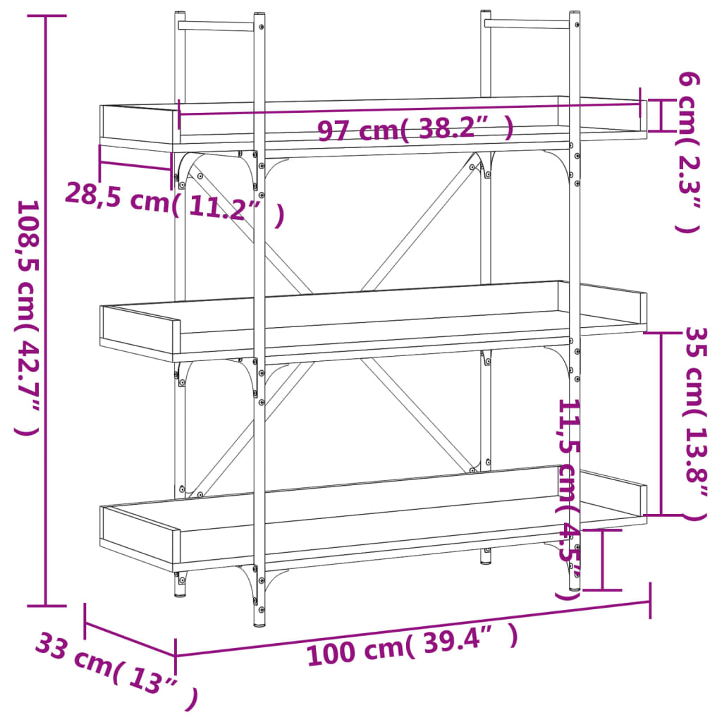 Boekenkast 3-laags 100x33x108,5 cm bewerkt hout sonoma eiken