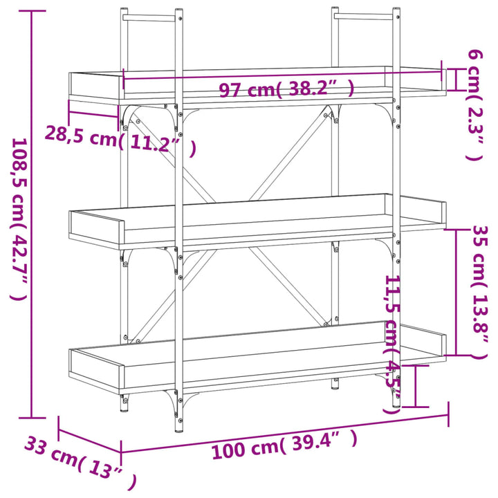 Boekenkast 3-laags 100x33x108,5 cm bewerkt hout sonoma eiken