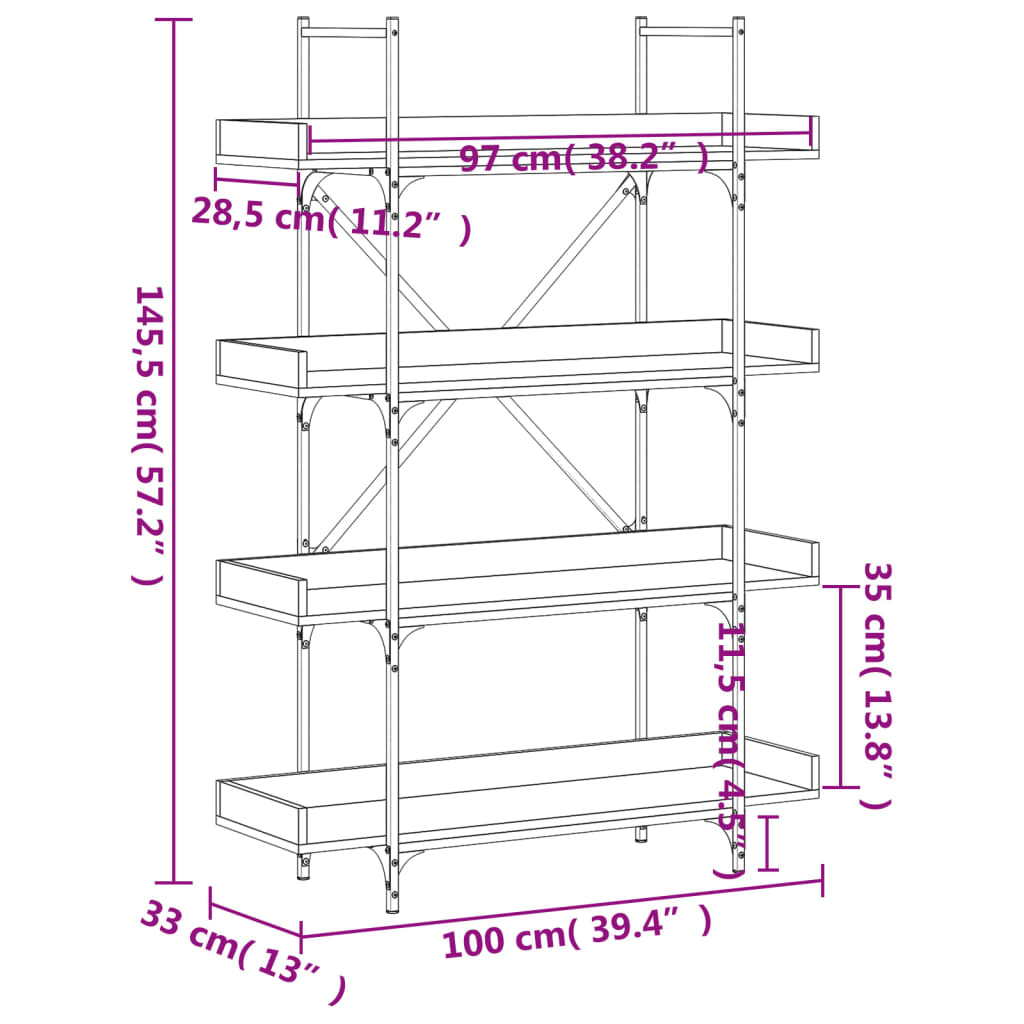 Boekenkast 4-laags 100x33x145,5 cm bewerkt hout zwart