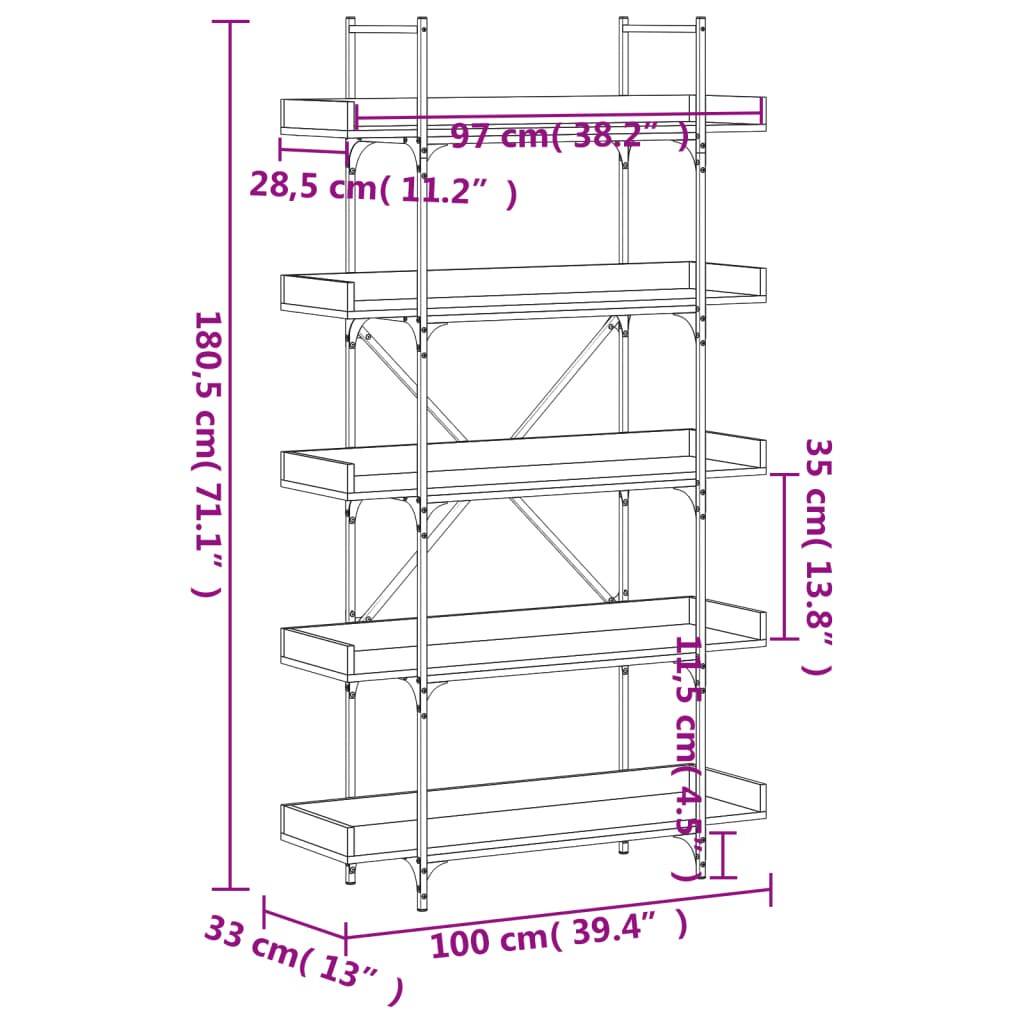 Boekenkast 5-laags 100x33x180,5 cm bewerkt hout gerookt eiken