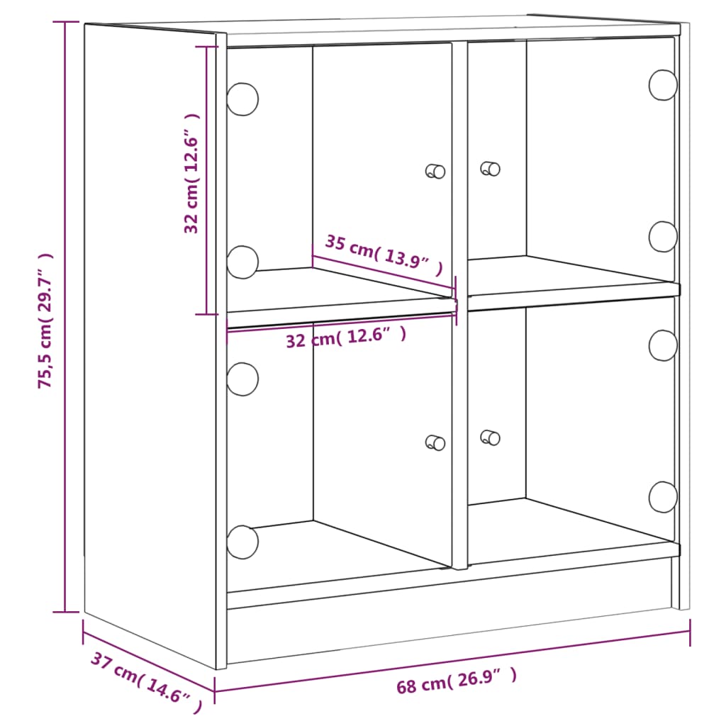 Bijzetkast met glazen deuren 68x37x75,5 cm bruineikenkleurig