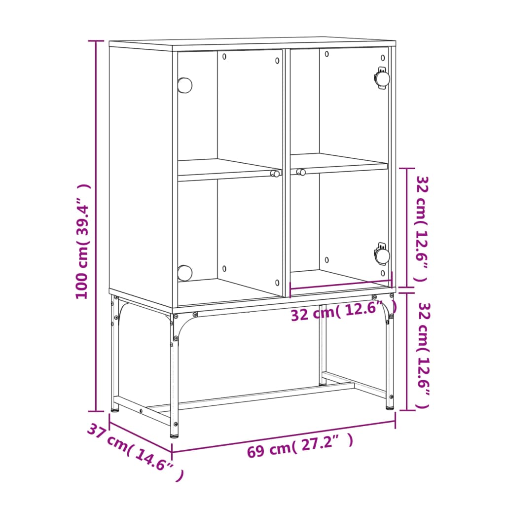 Bijzetkast met glazen deuren 69x37x100 cm grijs sonoma eiken