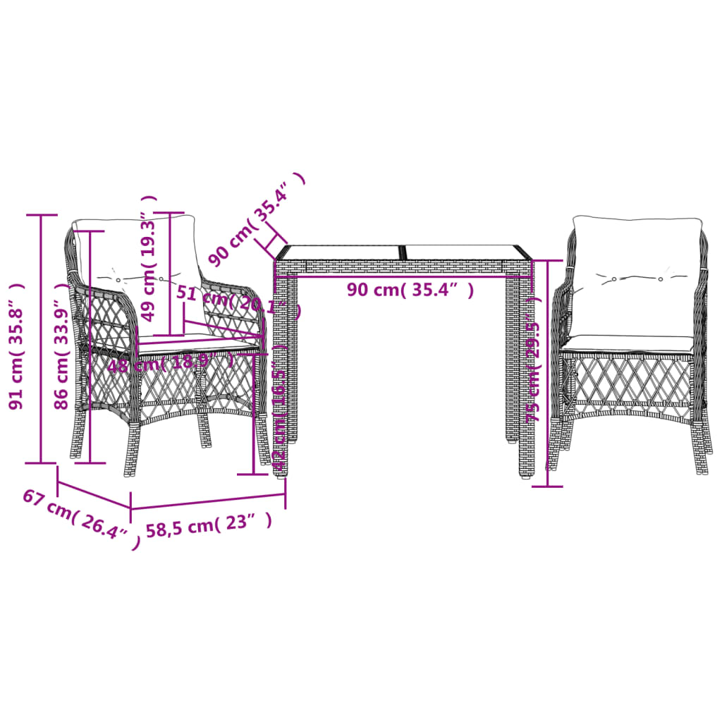 3-delige Bistroset met kussens poly rattan grijs