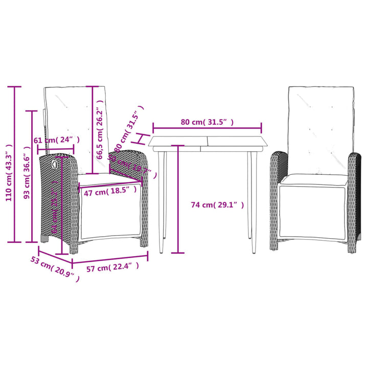 3-delige Bistroset met kussens poly rattan grijs