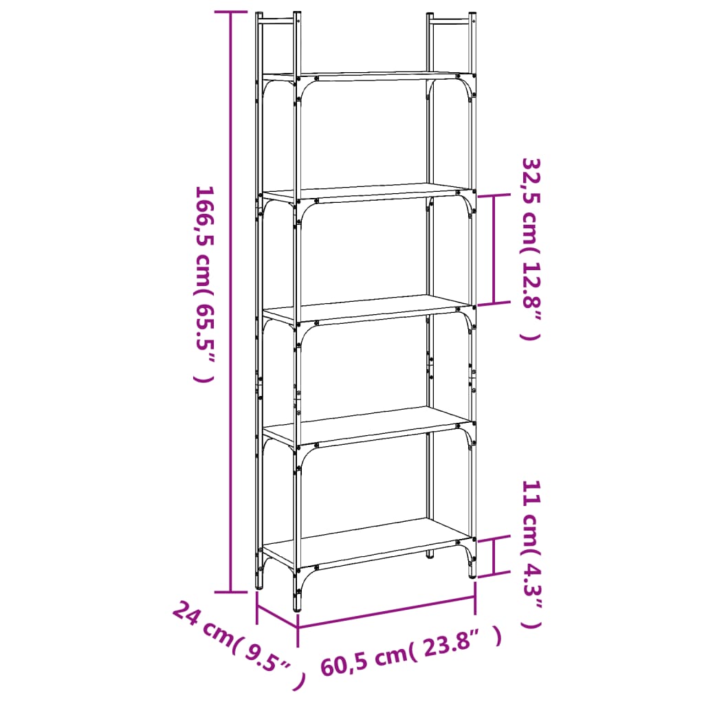 Boekenkast 5-laags 60,5x24x166,5 cm bewerkt hout sonoma eiken