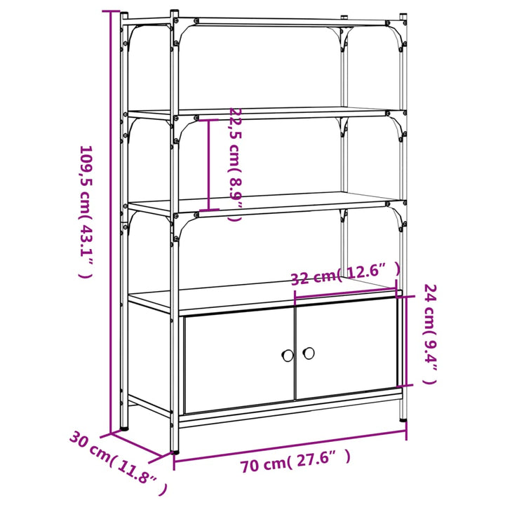 Boekenkast 3-laags 70x30x109,5 cm bewerkt hout grijs sonoma