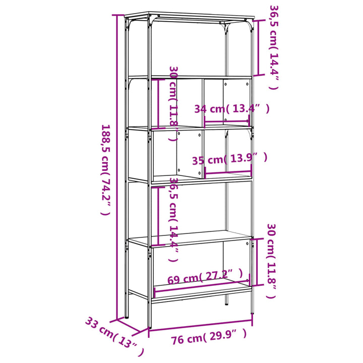 Boekenkast 5-laags 76x33x188,5 cm bewerkt hout bruineikenkleur