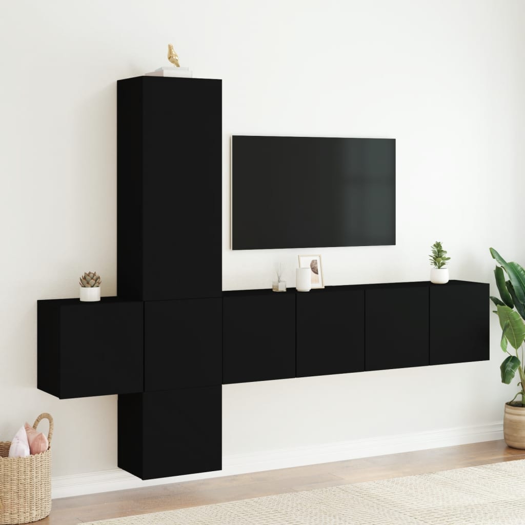 5-delige Tv-wandmeubelset bewerkt hout zwart