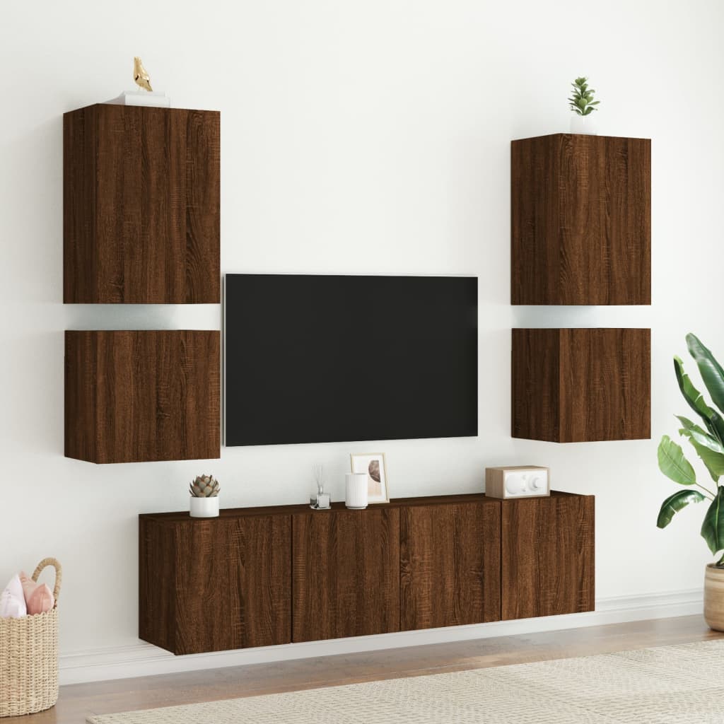 6-delige Tv-wandmeubelset bewerkt hout bruineikenkleurig
