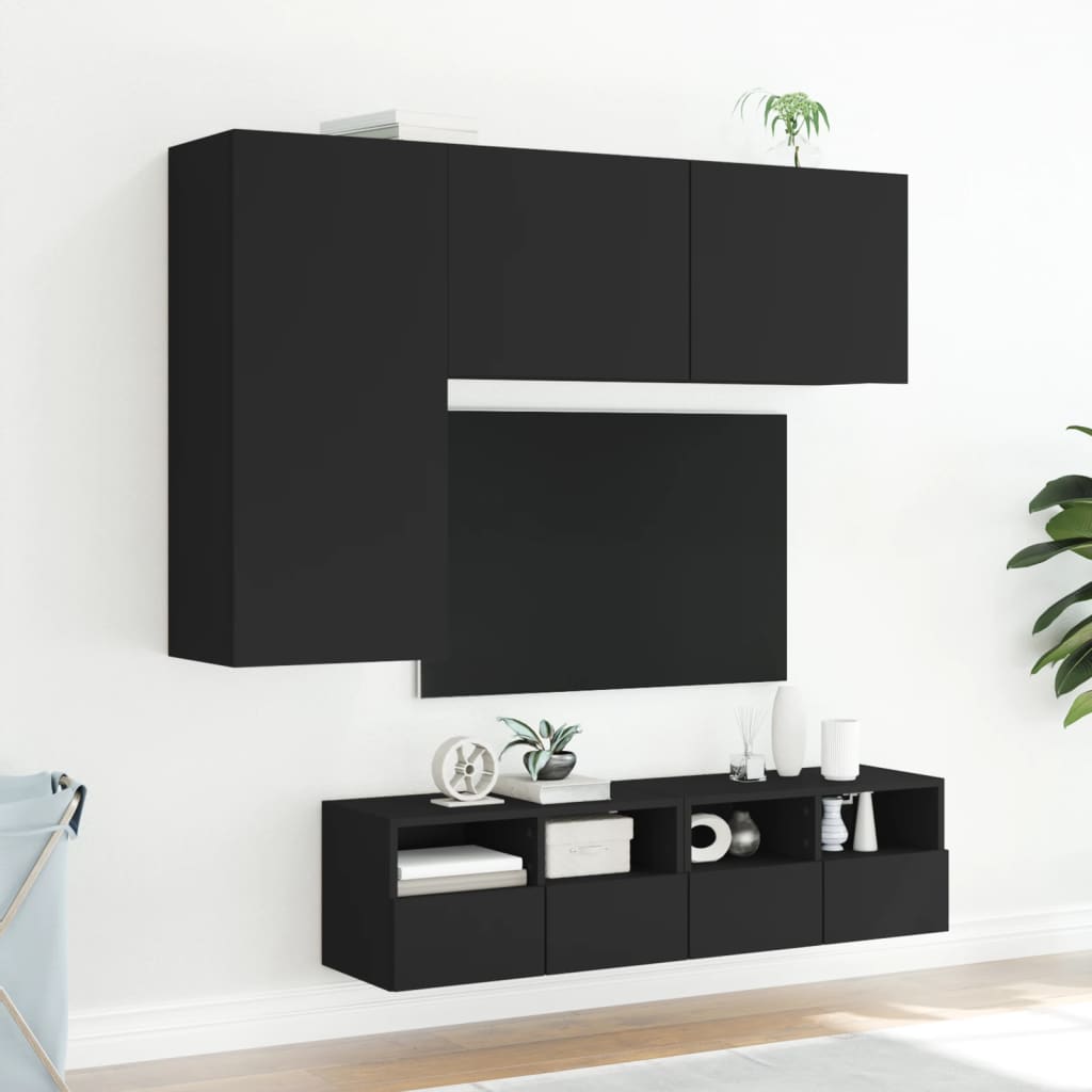 4-delige Tv-wandmeubelset bewerkt hout zwart