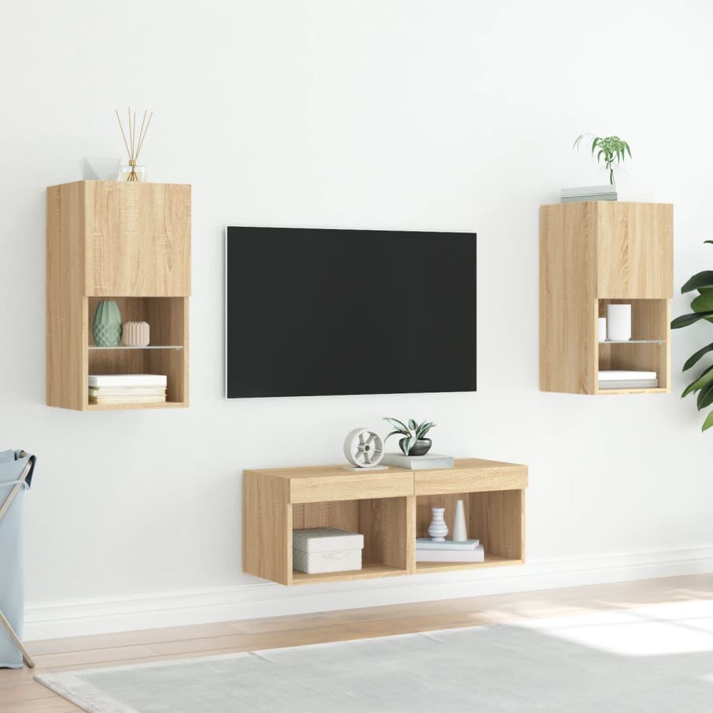 4-delige Tv-wandmeubelset met LED-verlichting sonoma eikenkleur