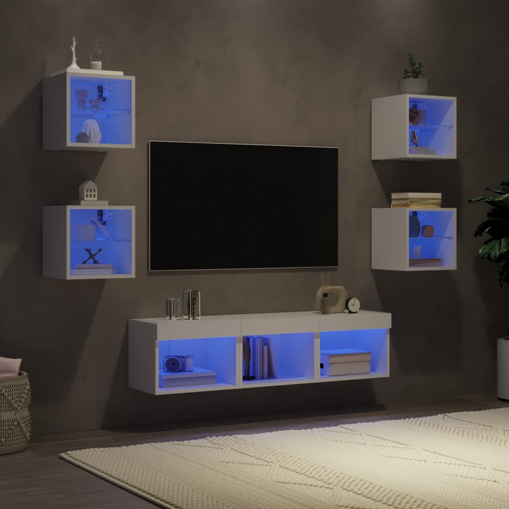 7-delige Tv-wandmeubelset met LED-verlichting bewerkt hout wit