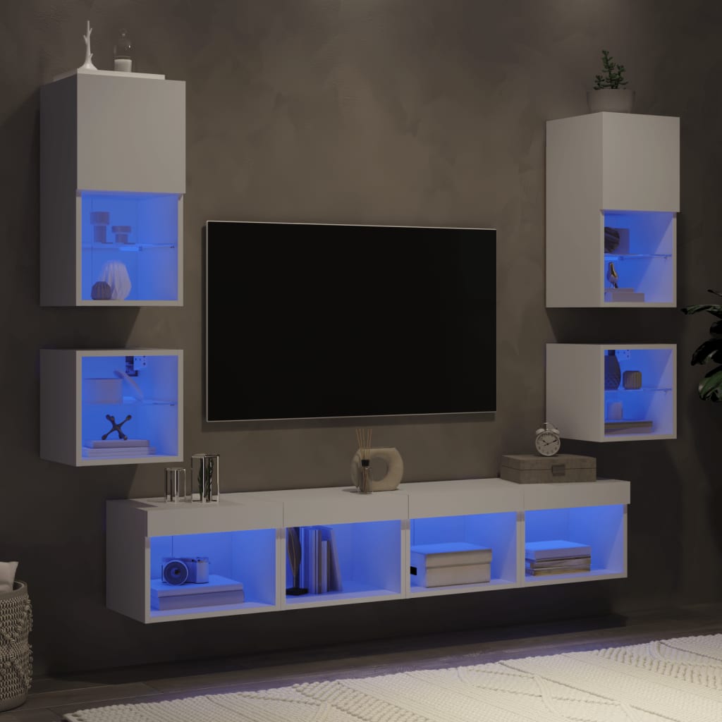 8-delige Tv-wandmeubelset met LED-verlichting bewerkt hout wit