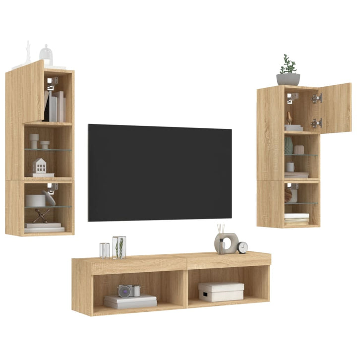 6-delige Tv-wandmeubelset met LED bewerkt hout sonoma eiken