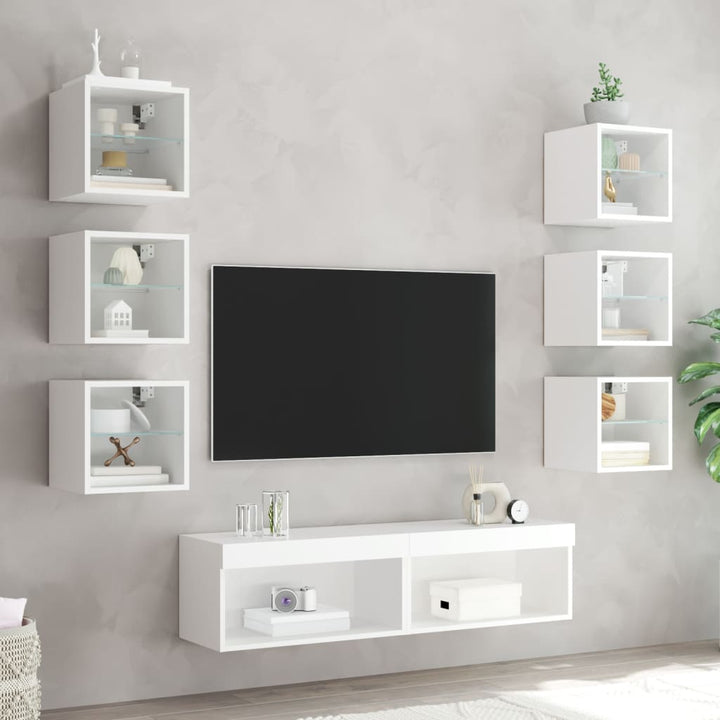 8-delige Tv-wandmeubelset met LED-verlichting bewerkt hout wit