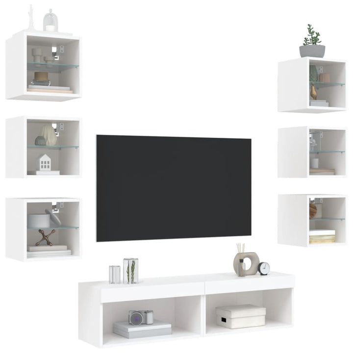 8-delige Tv-wandmeubelset met LED-verlichting bewerkt hout wit