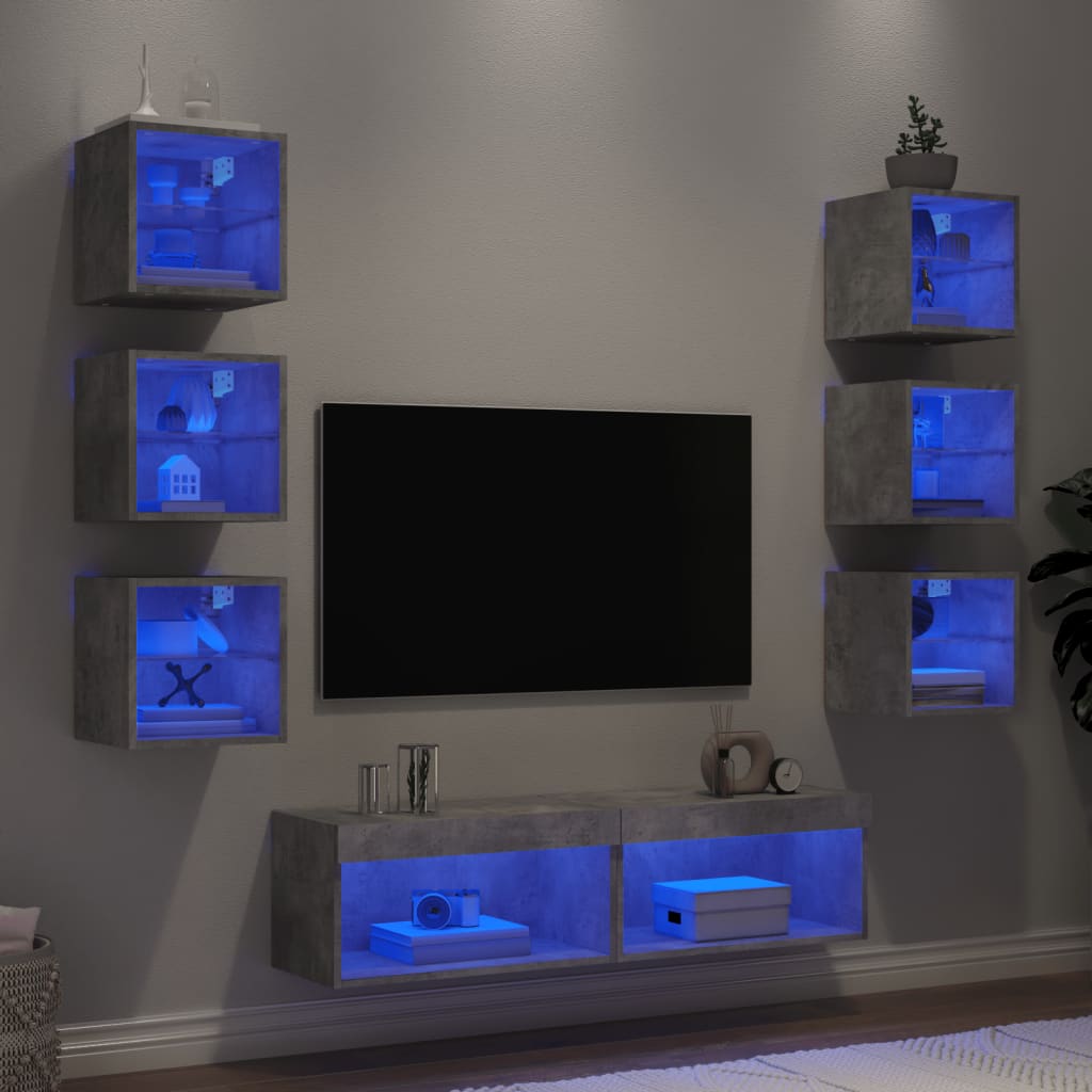 8-delige Tv-wandmeubelset met LED bewerkt hout betongrijs