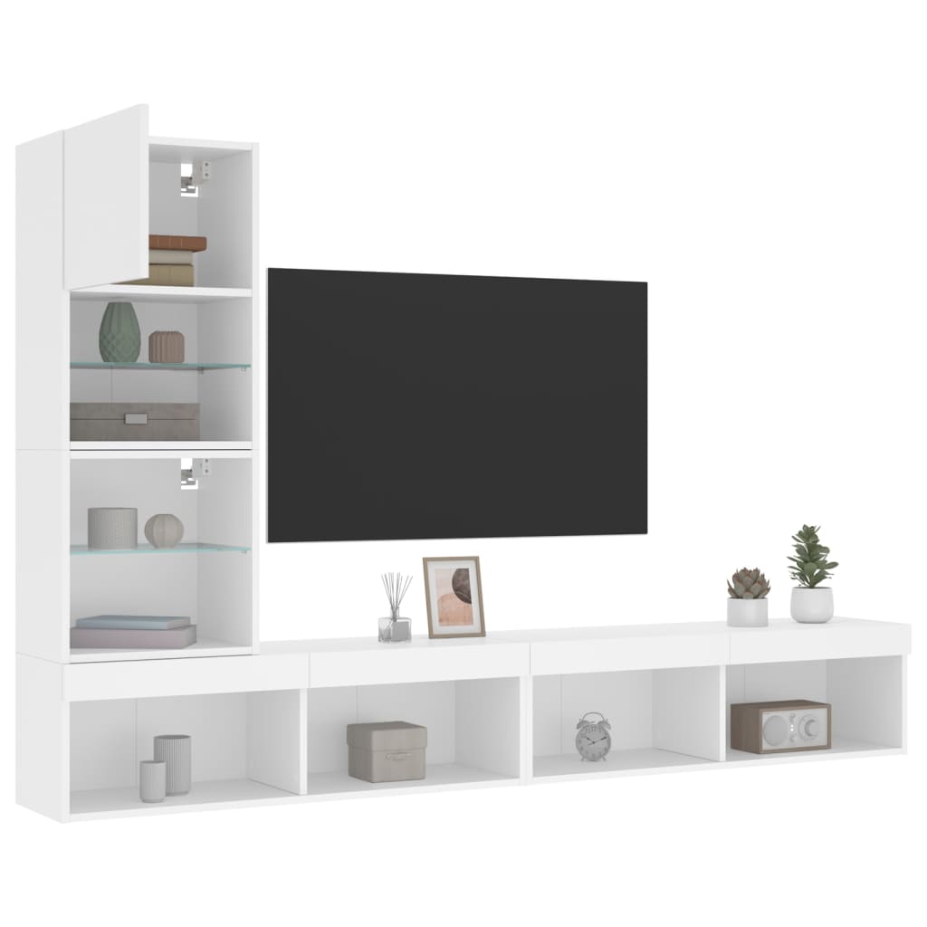 4-delige Tv-wandmeubelset met LED-verlichting bewerkt hout wit