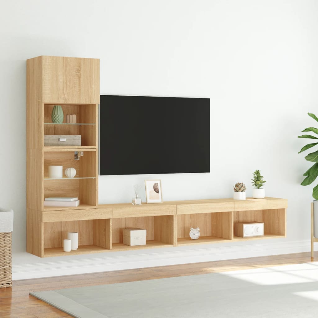 4-delige Tv-wandmeubelset met LED bewerkt hout sonoma eiken