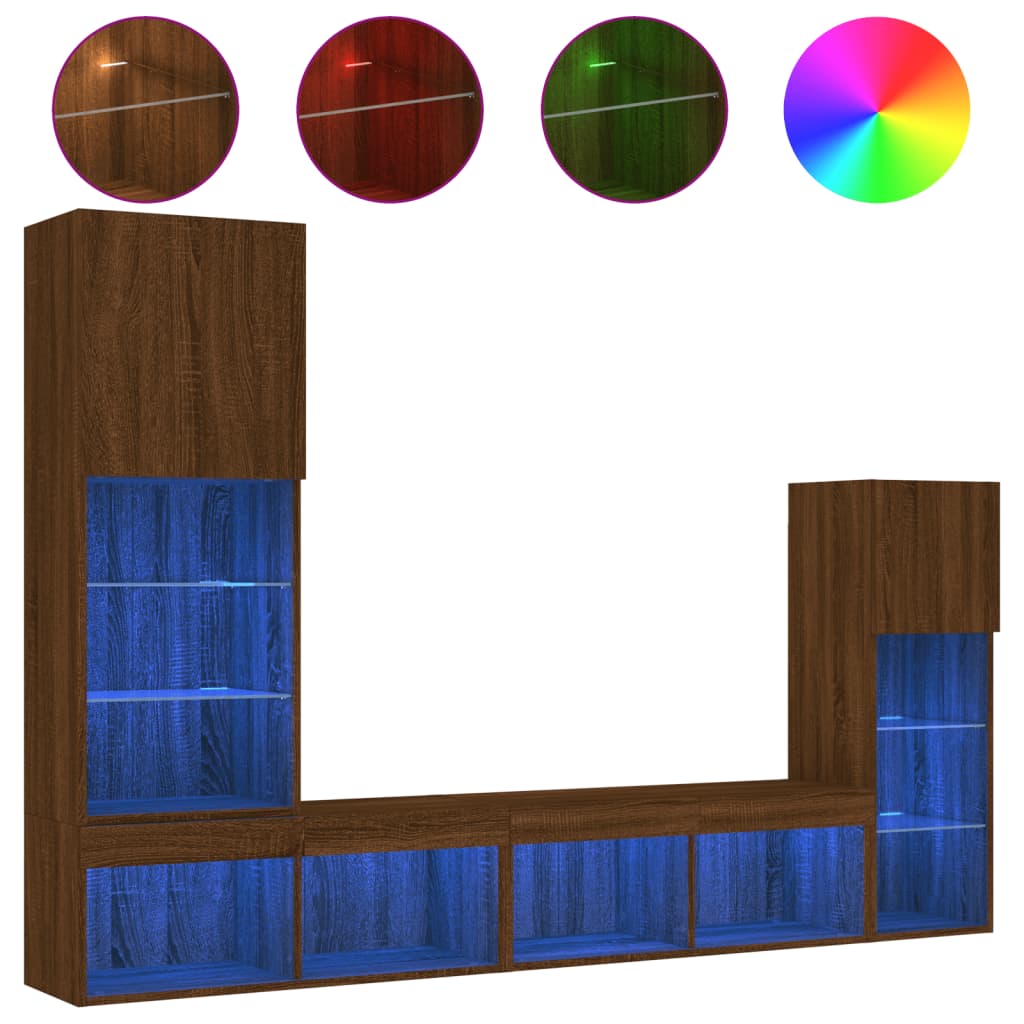 4-delige Tv-wandmeubelset met LED bewerkt hout bruineikenkleur