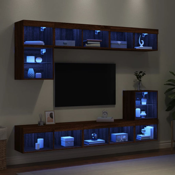 8-delige Tv-wandmeubelset met LED bewerkt hout bruineikenkleur