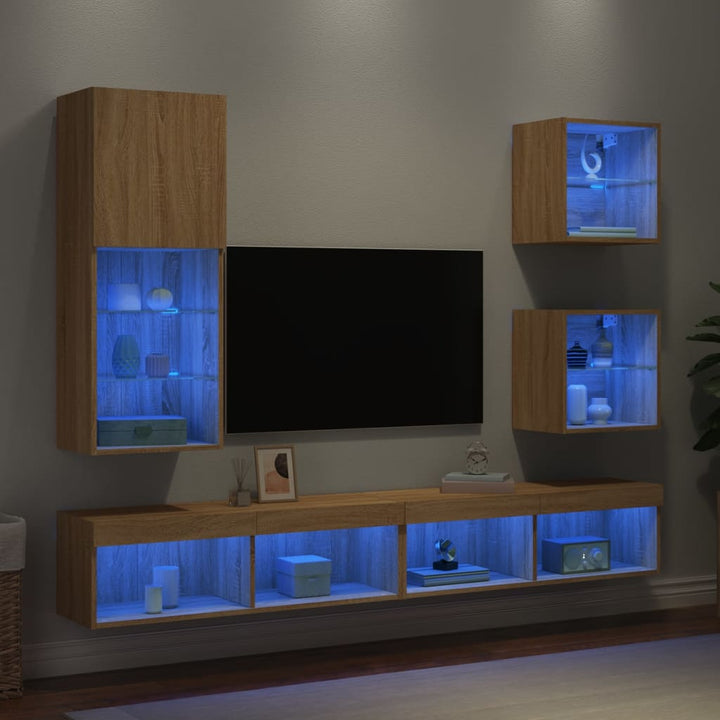 5-delige Tv-wandmeubelset met LED bewerkt hout sonoma eiken