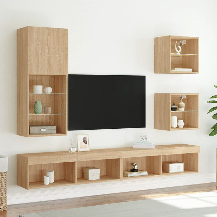 5-delige Tv-wandmeubelset met LED bewerkt hout sonoma eiken