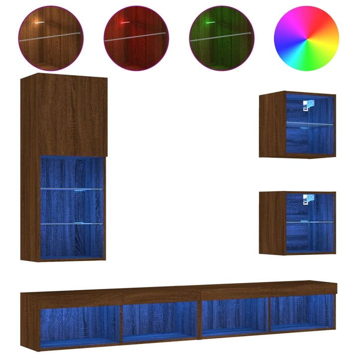 5-delige Tv-wandmeubelset met LED bewerkt hout bruineikenkleur