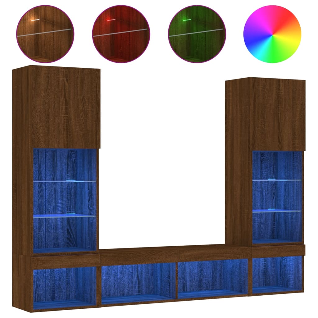 5-delige Tv-wandmeubelset met LED bewerkt hout bruineikenkleur