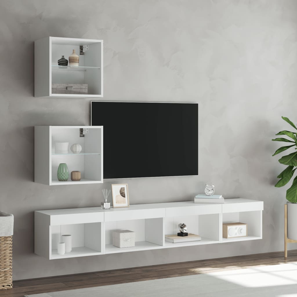 5-delige Tv-wandmeubelset met LED-verlichting bewerkt hout wit