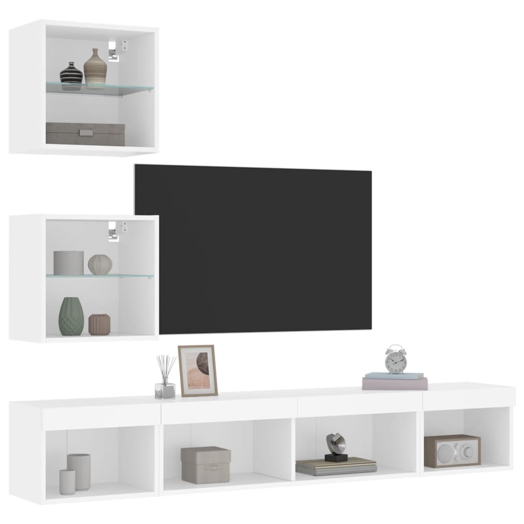 5-delige Tv-wandmeubelset met LED-verlichting bewerkt hout wit