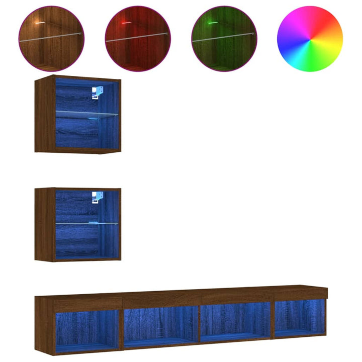 5-delige Tv-wandmeubelset met LED bewerkt hout bruineikenkleur