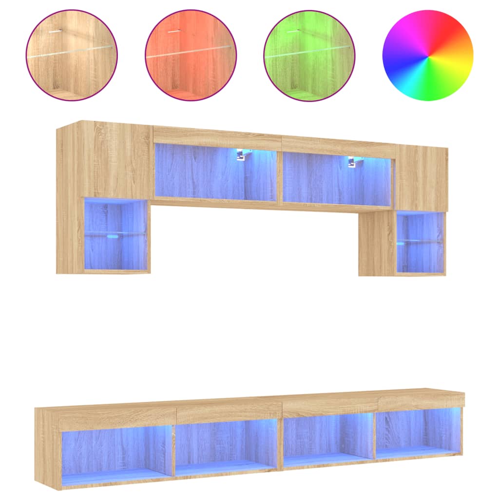 6-delige Tv-wandmeubelset met LED bewerkt hout sonoma eiken