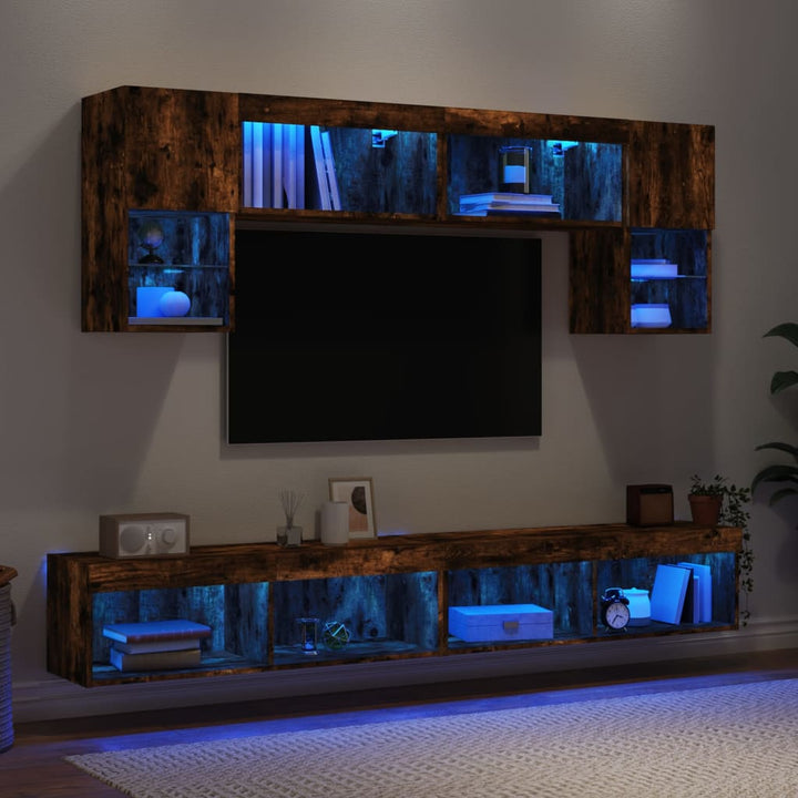 6-delige tv-wandmeubelset met LED bewerkt hout gerookt eiken