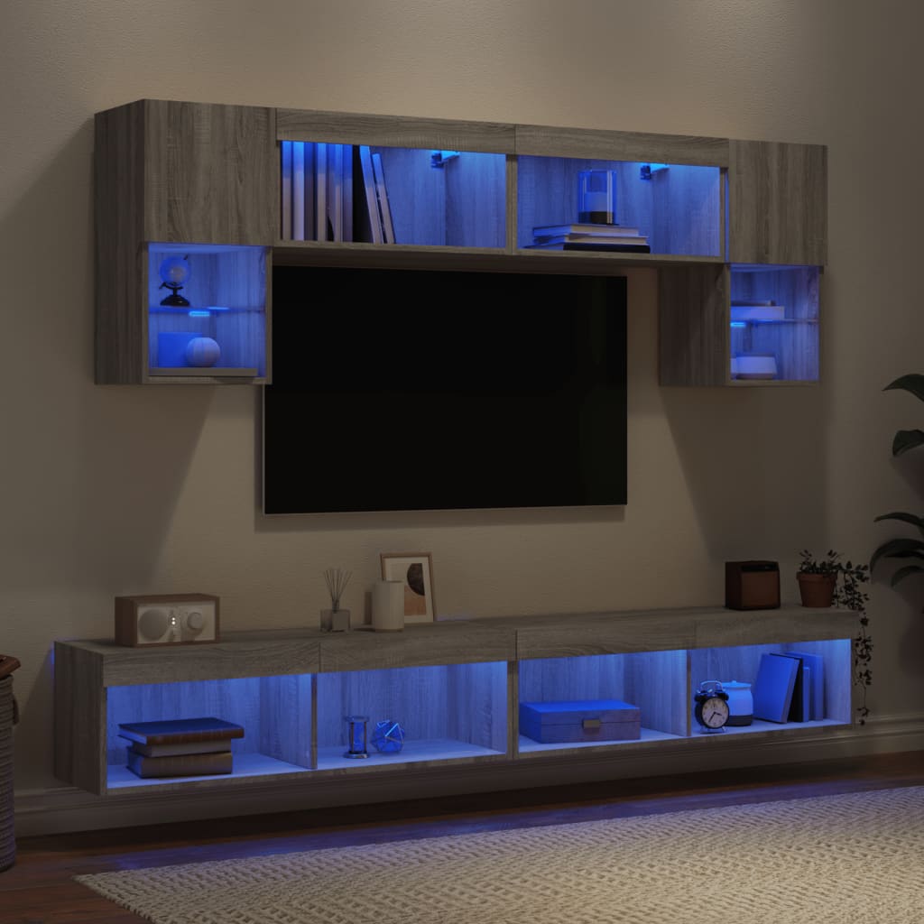 6-delige Tv-wandmeubelset met LED grijs sonoma eikenkleurig