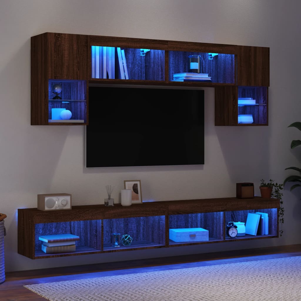 6-delige Tv-wandmeubelset met LED bewerkt hout bruineikenkleur