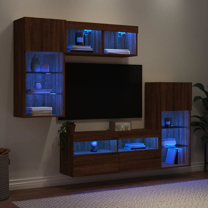 5-delige Tv-wandmeubelset met LED bewerkt hout bruineikenkleur
