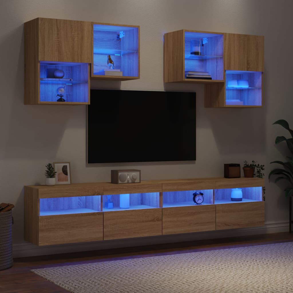 6-delige Tv-wandmeubelset met LED-verlichting sonoma eikenkleur