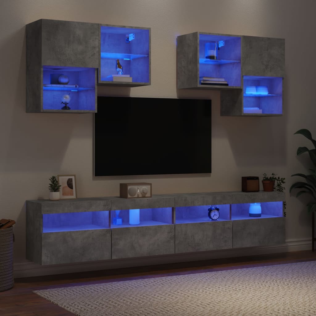 6-delige Tv-wandmeubelset met LED-verlichting betongrijs