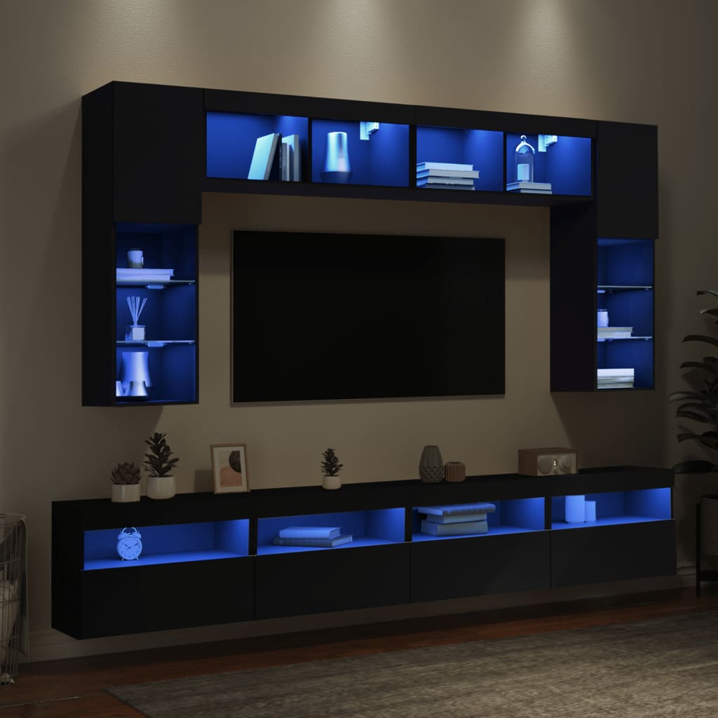 8-delige Tv-wandmeubelset met LED-verlichting zwart