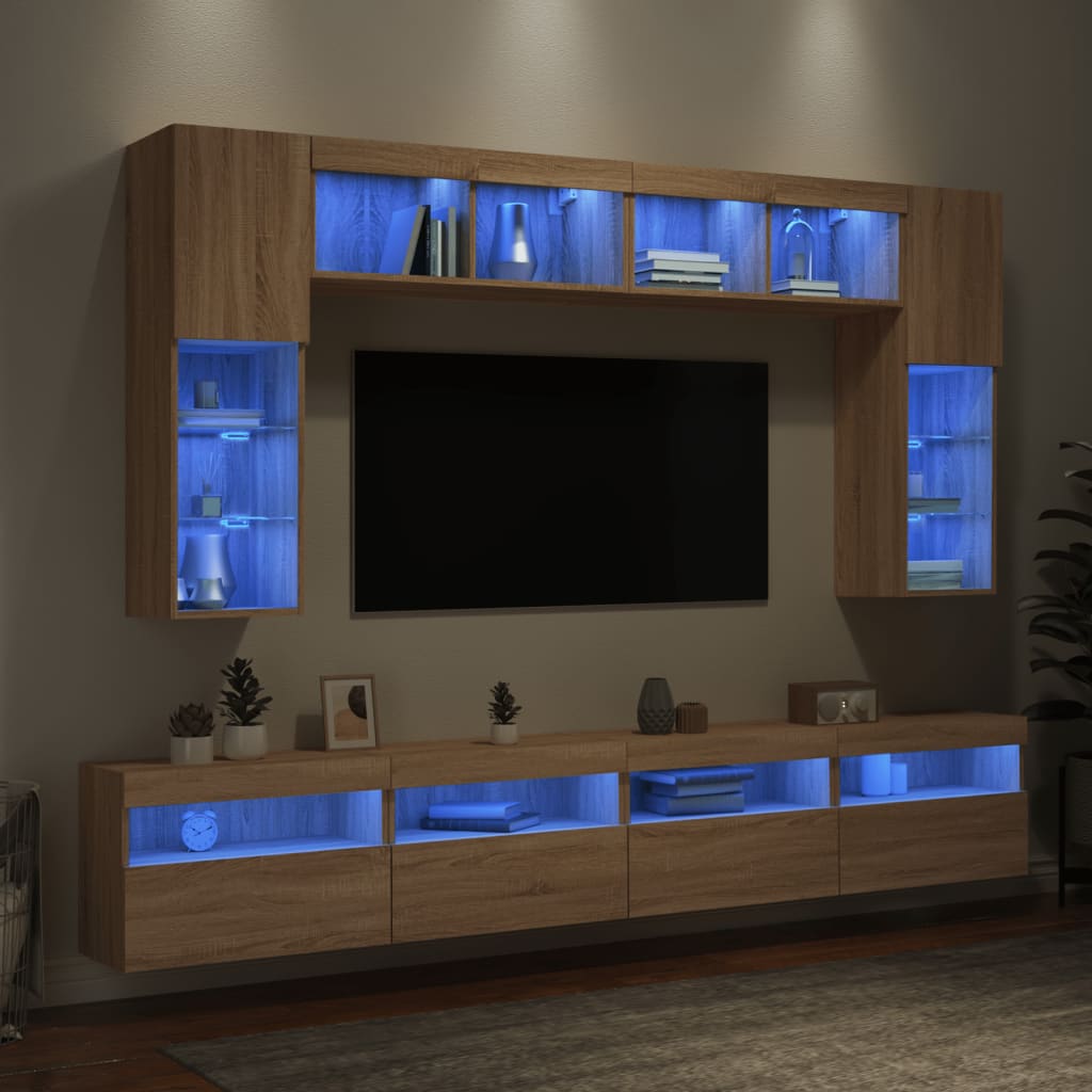 8-delige Tv-wandmeubelset met LED-verlichting sonoma eikenkleur