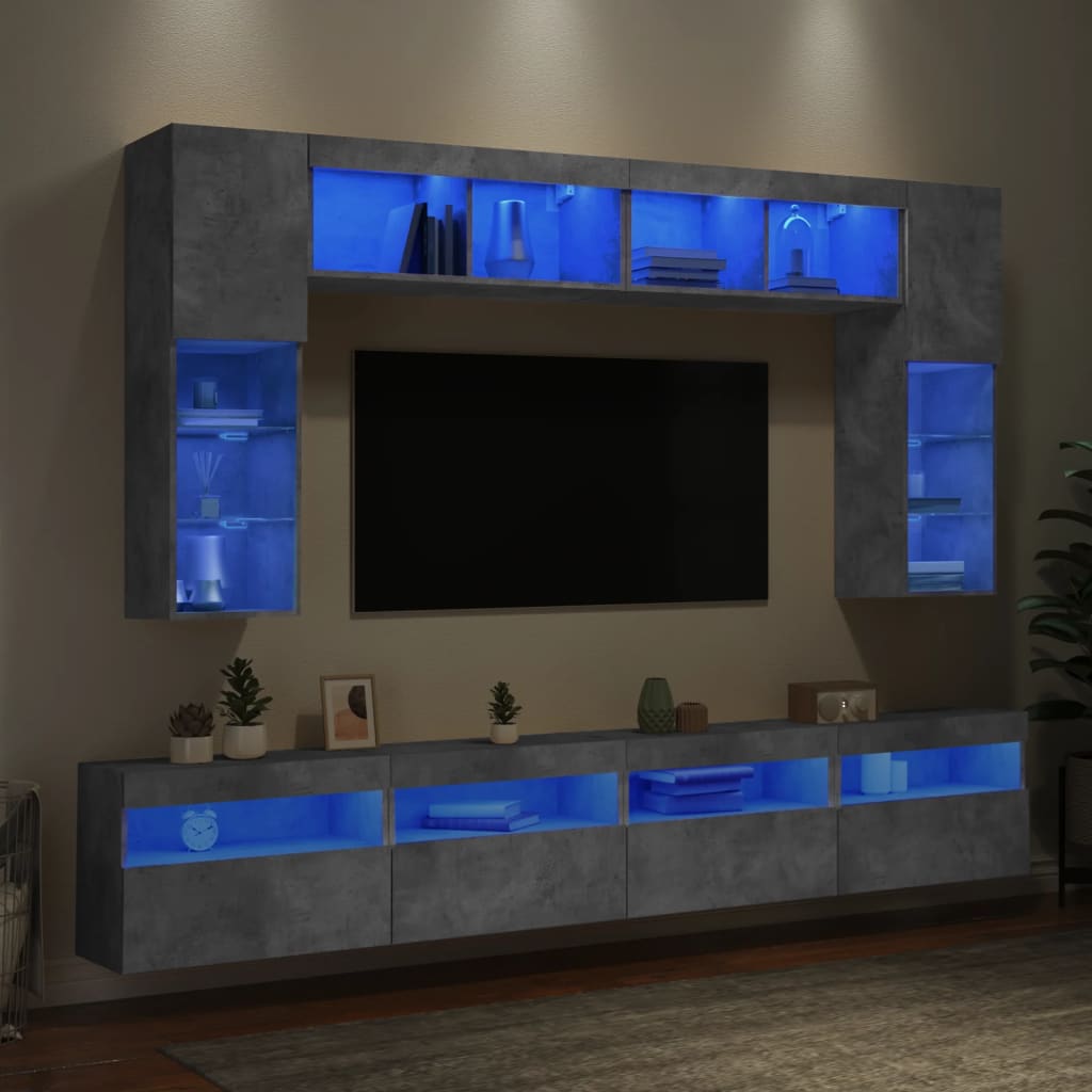 8-delige Tv-wandmeubelset met LED-verlichting betongrijs