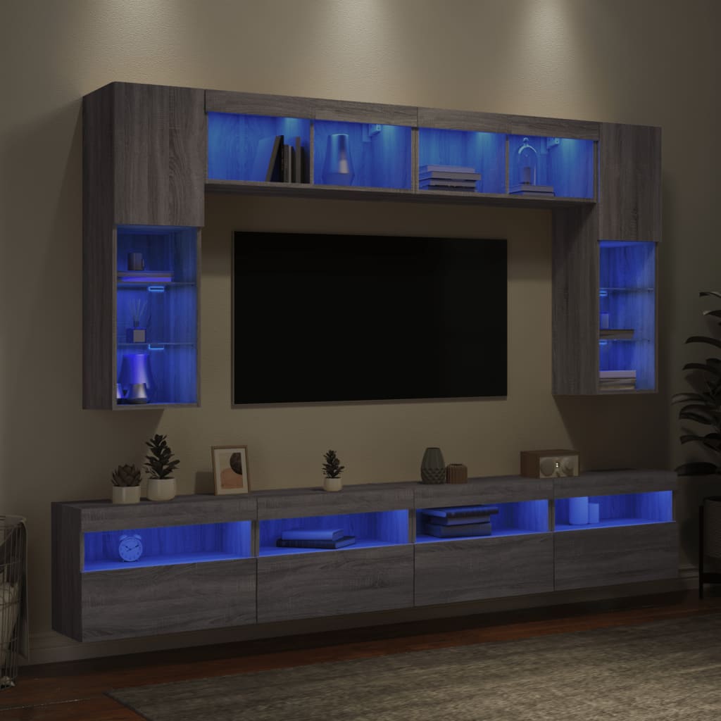 8-delige Tv-wandmeubelset met LED-verlichting grijs sonoma