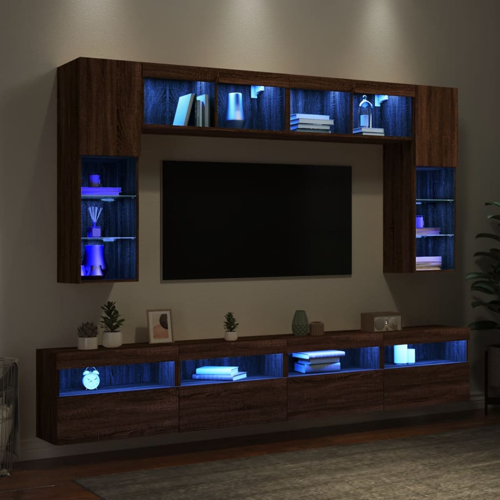 8-delige Tv-wandmeubelset met LED-verlichting bruineikenkleurig