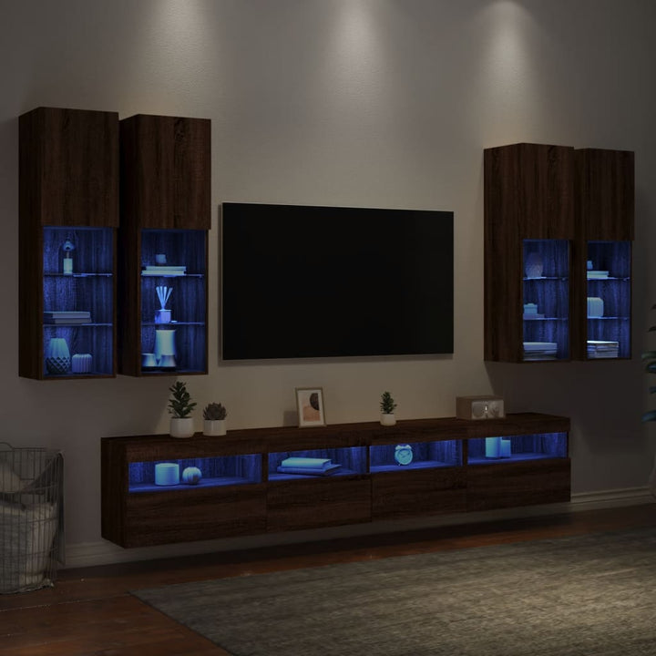 7-delige Tv-wandmeubelset met LED-verlichting bruinikenkleurig