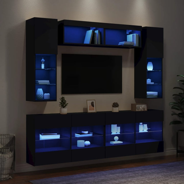 6-delige Tv-wandmeubelset met LED-verlichting zwart