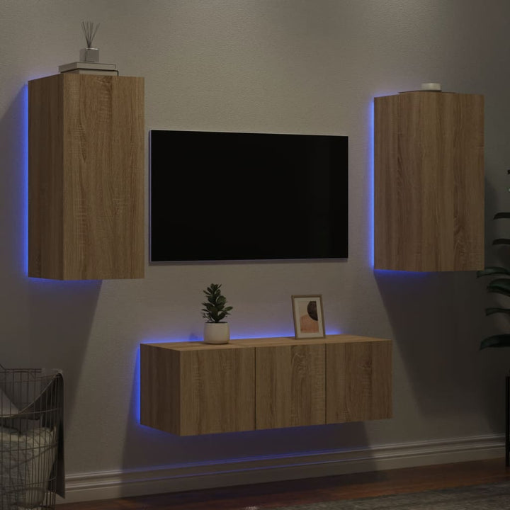 4-delige Tv-wandmeubelset met LED bewerkt hout sonoma eiken