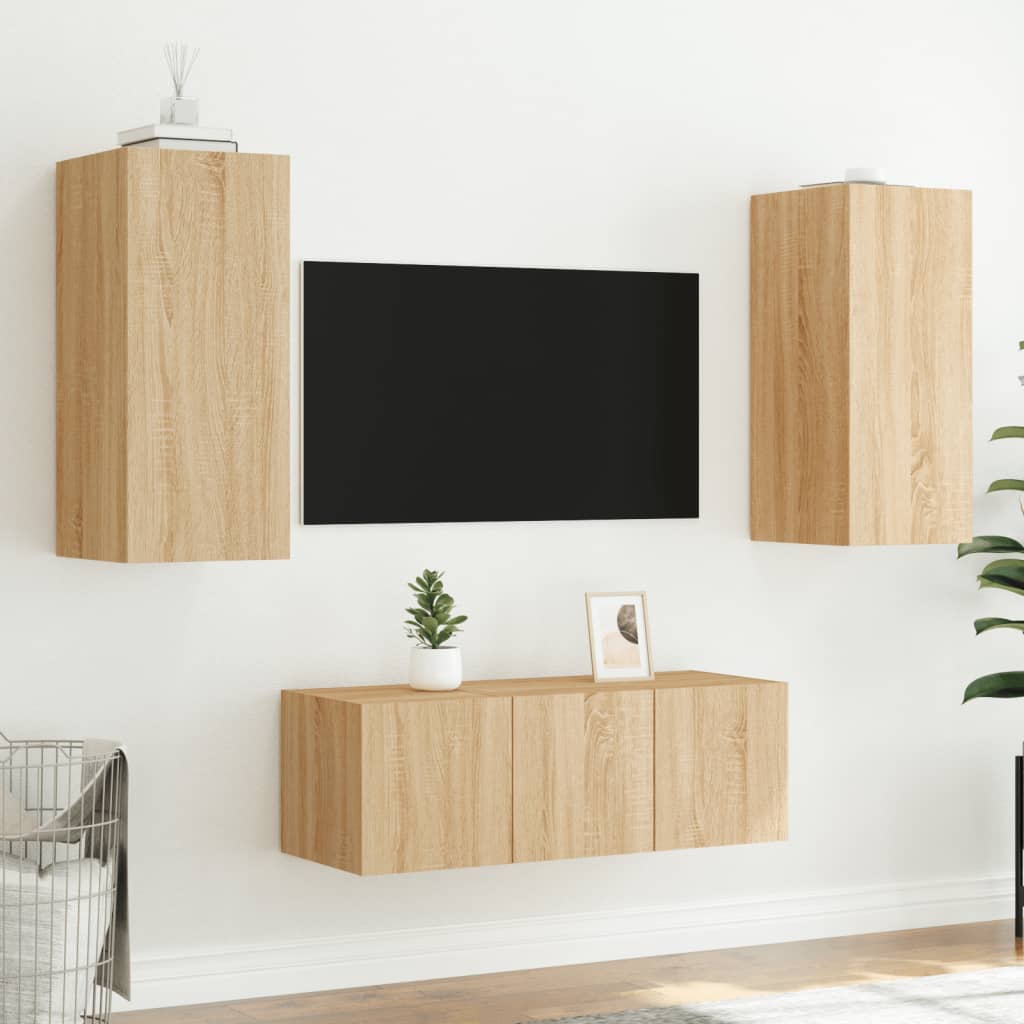 4-delige Tv-wandmeubelset met LED bewerkt hout sonoma eiken