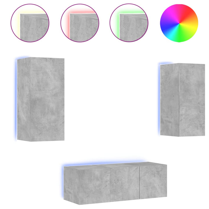 4-delige Tv-wandmeubelset met LED bewerkt hout betongrijs