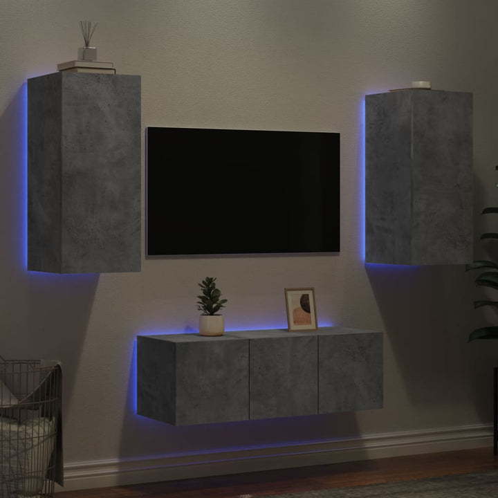 4-delige Tv-wandmeubelset met LED bewerkt hout betongrijs